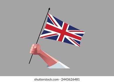 A hand holding an United Kingdom flag, UK vector illustration, Vector flag of UK, United Kingdom, Coloured British flag, Vector illustration of British flag
