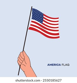 Hand holding US United States flag in line art drawing style. US hand Flag waving. Vector illustration