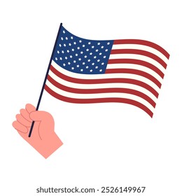 Hand holding USA flag. Concept of presidential campaign. Vote 2024 USA. Vector illustration.