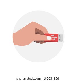Hand holding a USB flash drive  - vector illustration