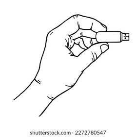 Mano sosteniendo la unidad flash USB. Residente de información, tarjeta flash usb. Gráficos vectoriales en estilo de esbozo. Línea negra de contorno dibujada a mano. Imagen aislada en un fondo blanco.