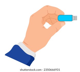 Hand holding usb flash drive. Usb flash drive. Information resident, flash card usb. Cartoon vector illustration.