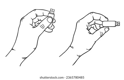 Mano sosteniendo la unidad flash USB. Residente de información, tarjeta flash usb. Gráficos vectoriales en estilo de esbozo. Línea negra de contorno dibujada a mano. Ilustraciones aisladas sobre un fondo blanco.