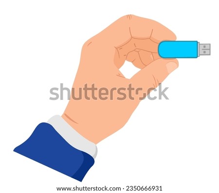 Hand holding usb flash drive. Usb flash drive. Information resident, flash card usb. Cartoon vector illustration.