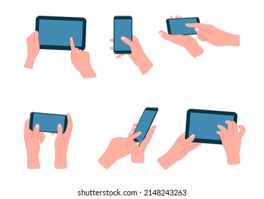 Hand holding and use tablet pc and smartphones. Flat style. Hand illustration set. Modern vector hands holding tablet pc with empty screen. Web, App design infographics. Trendy