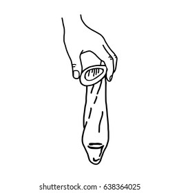 hand holding used condom - vector illustration sketch hand drawn with black lines, isolated on white background