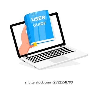 Hand holding user guide book coming out of laptop screen