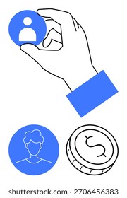 Hand, die die Benutzerprofiltaste, den Personenavatar und die Dollarmünze hält. Ideal für Personalbeschaffung, Personalmanagement, Finanzplanung, Mitarbeiterwert, Business Strategy Networking und digitale Identität. Zeile