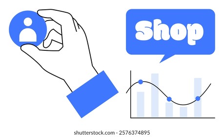 Hand holding user profile, shop sign with speech bubble, and graph with data points include elements in this vector, ideal for e-commerce, digital marketing, customer analysis, business analytics