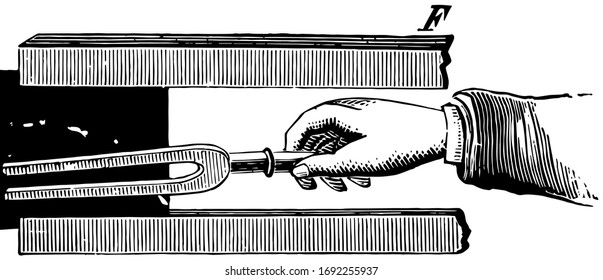 Hand holding a U-shaped tuning fork, vintage line drawing or engraving illustration.
