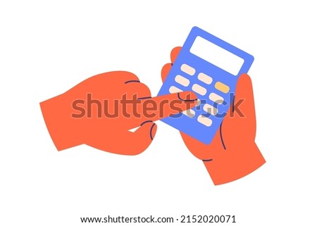 Hand holding, using calculator icon. Accountant calculating finance, counting, pressing buttons with finger. Economy, accounting concept. Flat vector illustration isolated on white background
