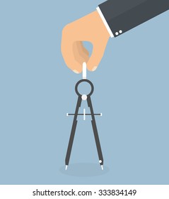 Hand holding or using drawing compass. Flat style