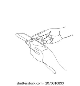 hand holding and using smartphone illustration in continuous line drawing