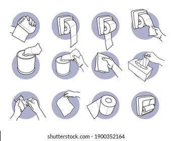 Hand Holding And Using Toilet Paper And Tissue. Vector Illustrations Of Hand Holding, Pulling, And Getting Toilet Paper From Holder. Finger Grabbing A Tissue Paper From Box And Package.