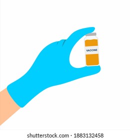 Hand holding a vaccine bottle. Antivirus or anti-bacterial. Against corona virus concept. Flat cartoon style. Vector design element illustration