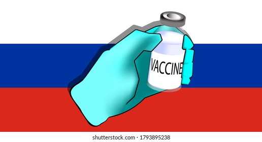 A hand holding a vaccine bottle over Russian flag,pandemic vaccination concept