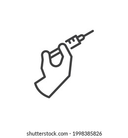 Hand holding vaccine syringe line icon. linear style sign for mobile concept and web design. Hand with vaccine injection outline vector icon. Symbol, logo illustration. Vector graphics