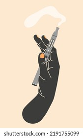 Hand holding vape, color illustration. Electronic cigarettes and vape concept. Modern vector illustration. Variety of designs vape pens and pod mods. Flat vector design for web.