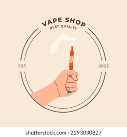 Hand holding vape, colorful illustration logo. Electronic cigarettes and vape concept. Modern vector illustration. Design of vape pens and pod mods. Flat vector design for web.