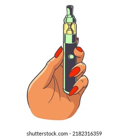 Hand holding Vape or E-Cigarette. Vaporizer Symbol in Cartoon illustration Vector on white background