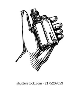 Hand Holding Vape Mod, E Cigarette, Hand Drawn Illustration Vector