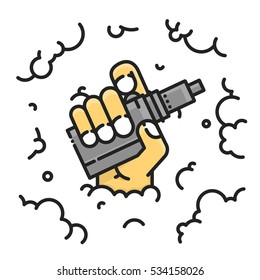 Hand holding vaporizer isolated vector illustration in graphic line art style on a smoke clouds background