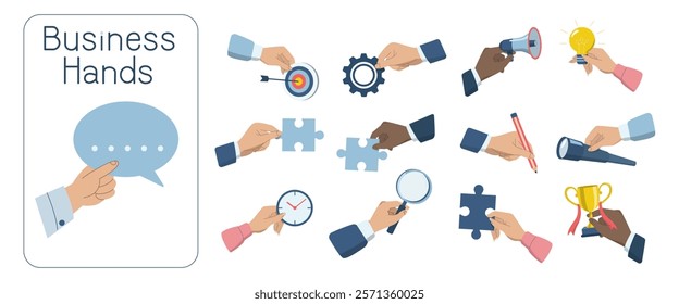 Hand holding various business objects, target, gears, megaphone, light bulb, jigsaw, pencil, binoculars, clock, magnifying glass, speech bubble, Hand drawn vector illustration on white background.