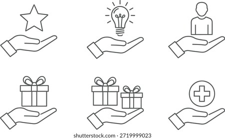 Mano sosteniendo varios íconos que representan ideas y Asistencia