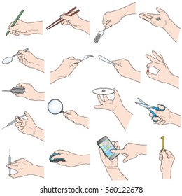 Hand holding various objects, isolated on white background.