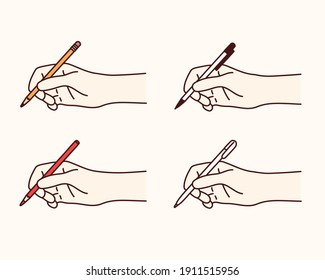 Hand holding various pens. Hand drawn style vector design illustrations.