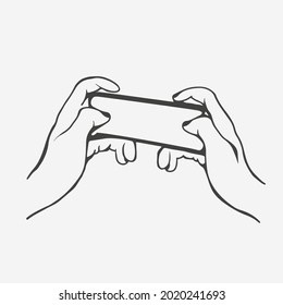 Mano sosteniendo verticalmente juego en el smartphone Icono de vector de línea simple. Fondo blanco.