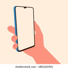 Hand holding vertically smartphone in isometric isolated. Mobile gaming concept