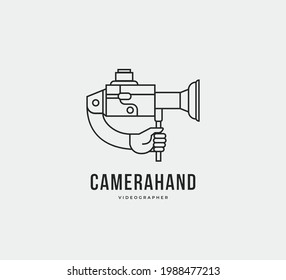 Hand holding video camera line art unique hipster logo icon sign symbol design concept. Vector illustration