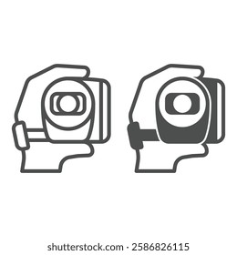 Hand holding video camera line and solid icon, video recording concept. Vector graphics. Camera in hand sign on white background, outline style icon for mobile or web design