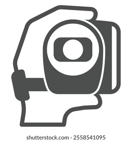 Hand holding video camera solid icon, video recording concept. Vector graphics. Camera in hand sign on white background, glyph style icon for mobile or web design