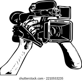 Hand Holding Video Camera Vector Illustration, Hand Holding Camcorder Silhouette, Video Camera In Hand Sketch Drawing, Cameraman Logo