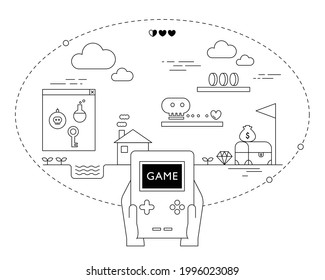 A hand holding a video game and a game screen. Design with black lines on a white background. minimal vector illustration.