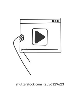 hand holding video player button on web page doodle