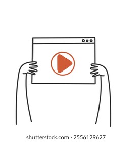 hand holding video player button on web page doodle