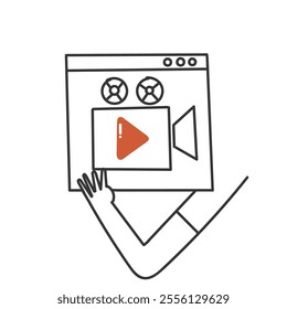 hand holding video player button on web page doodle