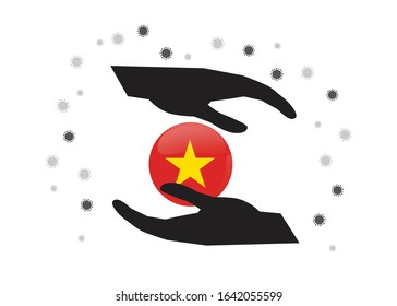 Hand holding vietnam flag in cycle symbol, Protect vietnamese people form coronavirus  or covid-19 concept, Save vietnam, sign symbol background, vactor illustration.