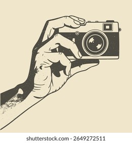 hand holding a vintage camera, grunge illustration