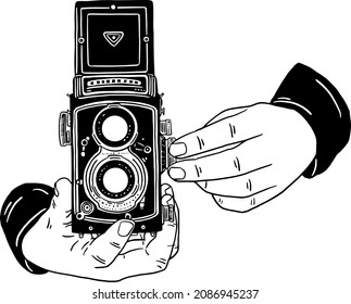 Hand holding Vintage camera Photographer taking pictures Hand drawn line art illustration