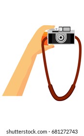 Hand, Holding Vintage Camera with Strap, Isolated on White