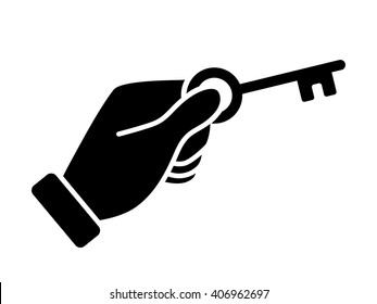 Hand Holding Vintage Key To Unlock Door / Success Flat Icon