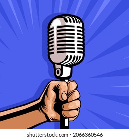 Hand holding vintage microphone illustration