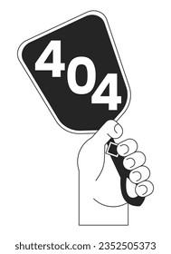 Hand holding vintage mirror black white error 404 flash message. Dark mirror hand. Monochrome empty state ui design. Page not found popup cartoon image. Vector flat outline illustration concept