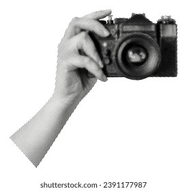 cámara fotográfica vintage de mano aislada en fondo blanco en elemento de collage de fotografía retro grunge de medio tono negro y blanco para diseño de arte pop de moda en medios mixtos