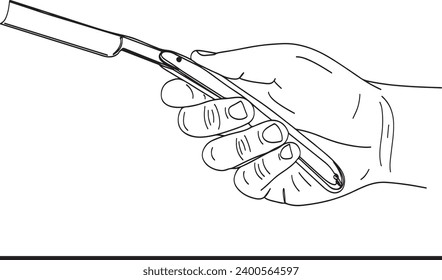 Hand holding a vintage razor in a black and white sketch drawing, Retro illustration of a hand holding an old-fashioned razor, Line art drawing of hand with vintage razor isolated on white