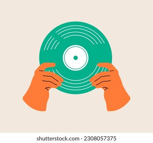 Mano sosteniendo música vinílica vintage. Ilustración vectorial colorida
